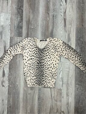 Cream V-Neck Sweater with Black Spot Print